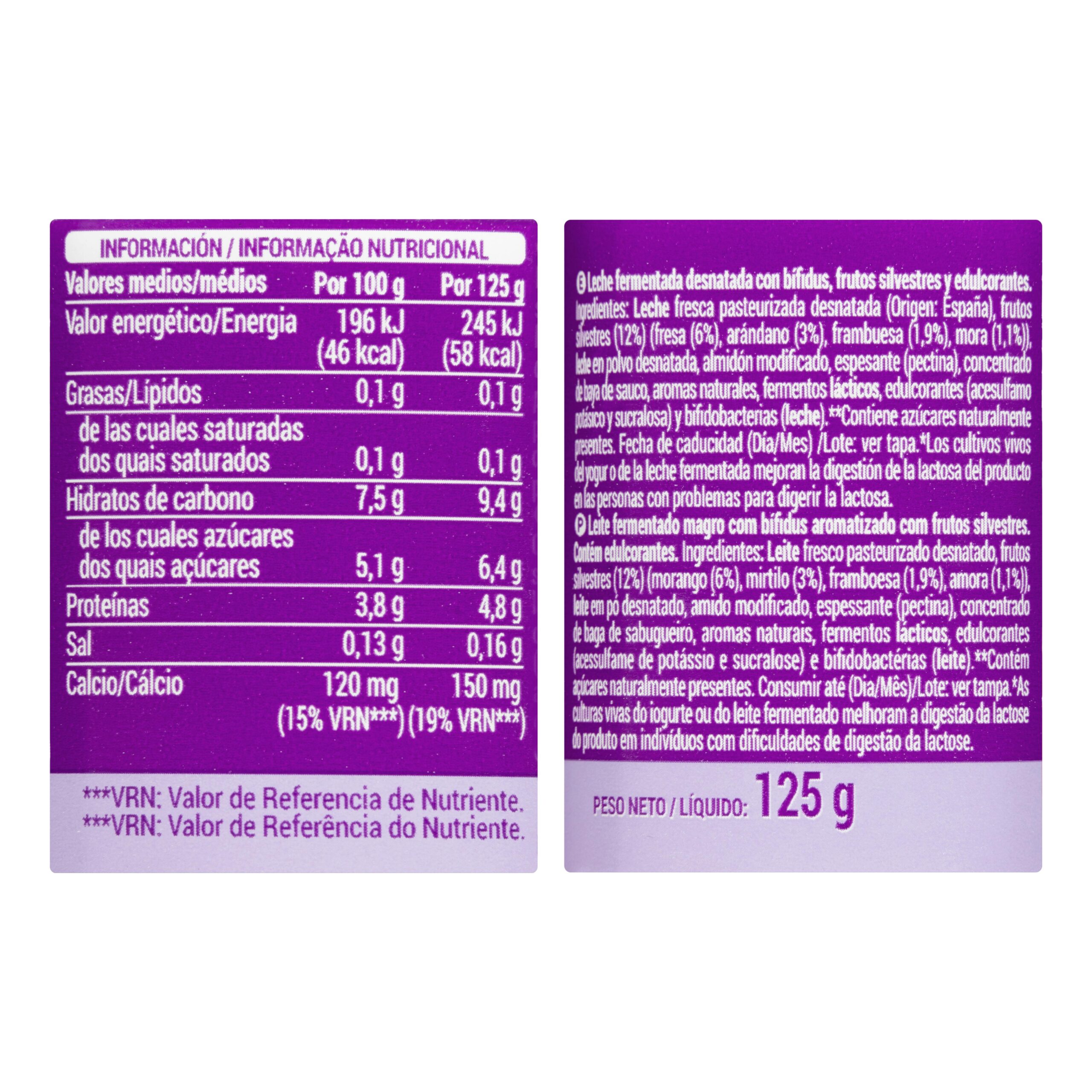 Etiqueta Bífidus desnatado probiótico con frutos silvestres Hacendado 0% m.g. 0% sin azúcares añadidos